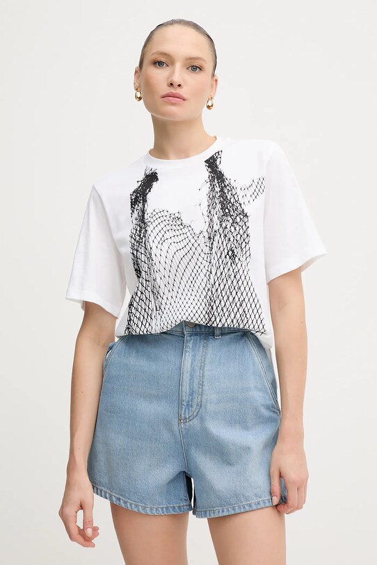Sisley t-shirt bawełniany nadruk biały 3I1XL107G
