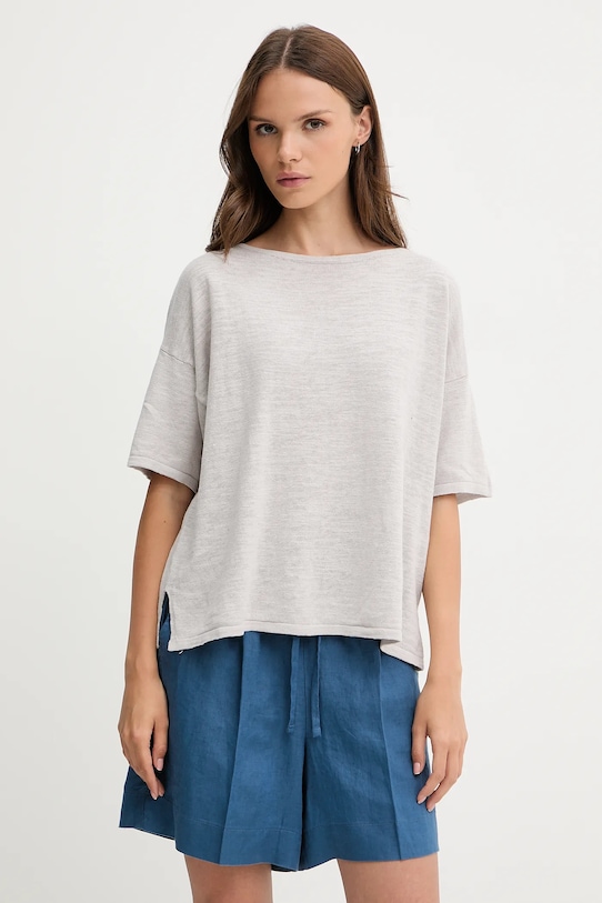 Sisley t-shirt z domieszką lnu okrągły szary 105GM106H