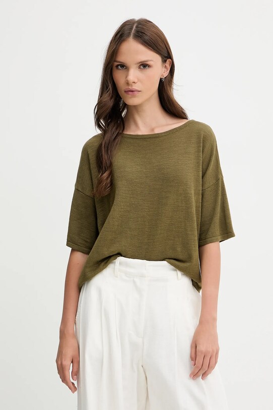Sisley t-shirt z domieszką lnu okrągły zielony 105GM106H