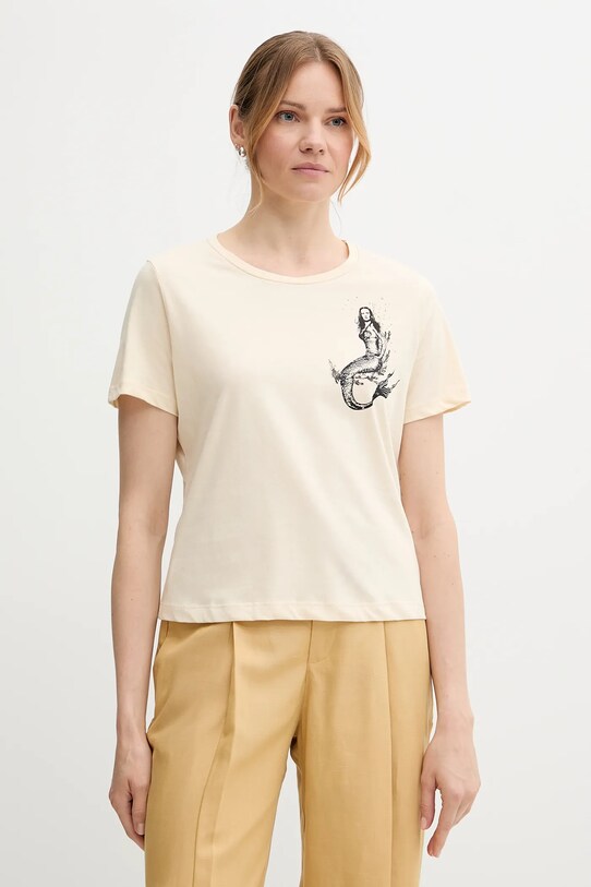 Sisley t-shirt bawełniany nadruk beżowy 35USL107H