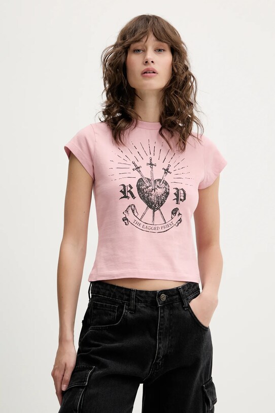 The Ragged Priest tricou din bumbac print roz RPSS251083JS