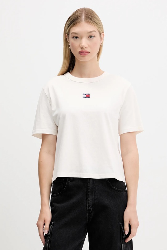 Bavlněné tričko Tommy Jeans nášivka béžová DW0DW22202