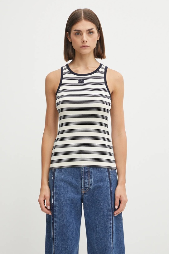GANNI top Striped Soft Cotton Rib okrągły granatowy T4144