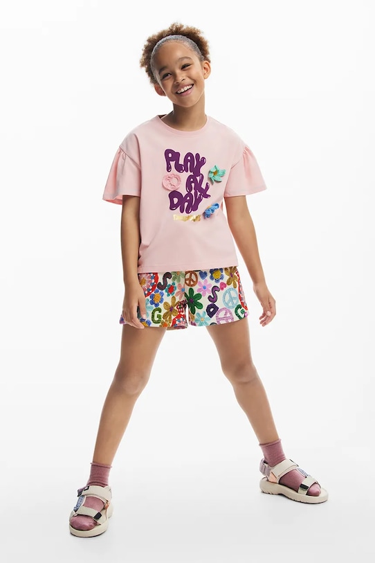 Детска памучна тениска Desigual щампа розов 25SGTK03
