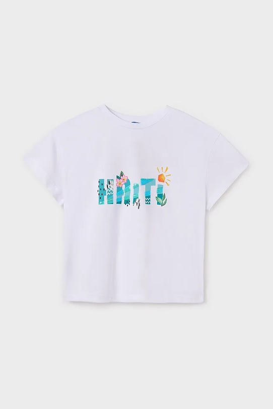 Mayoral t-shirt bawełniany dziecięcy nadruk turkusowy 6030.8D.Junior.PPYA