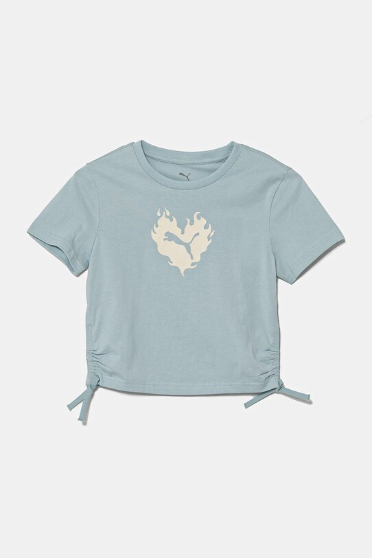 Puma t-shirt bawełniany dziecięcy FLAMING LOVE Knotted Tee nadruk turkusowy 685108.G