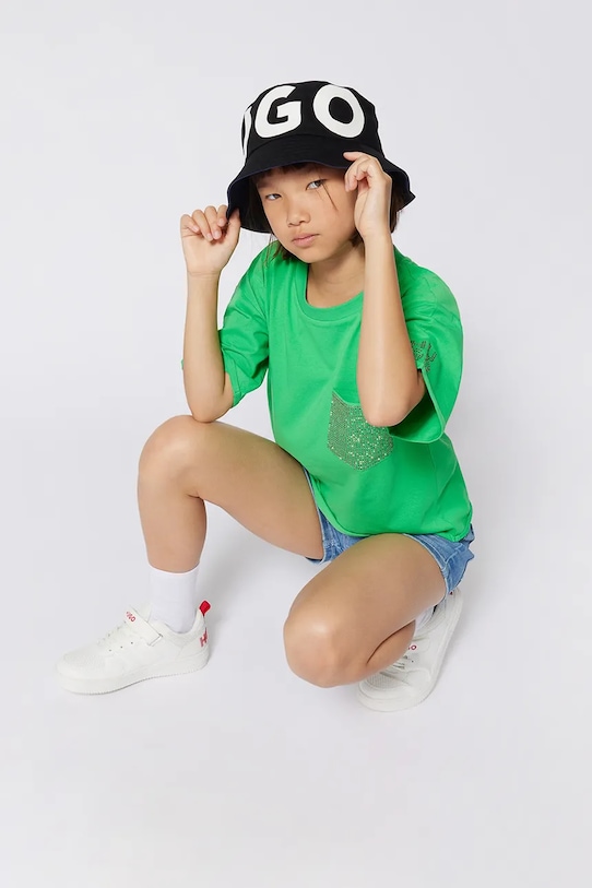 Παιδικό βαμβακερό μπλουζάκι HUGO πράσινο G00393.102.108