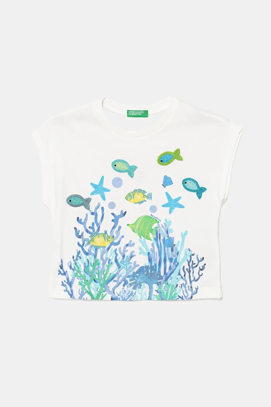 United Colors of Benetton tricou de bumbac pentru copii imprimeu alb 3I1XG10JH.P.Seasonal