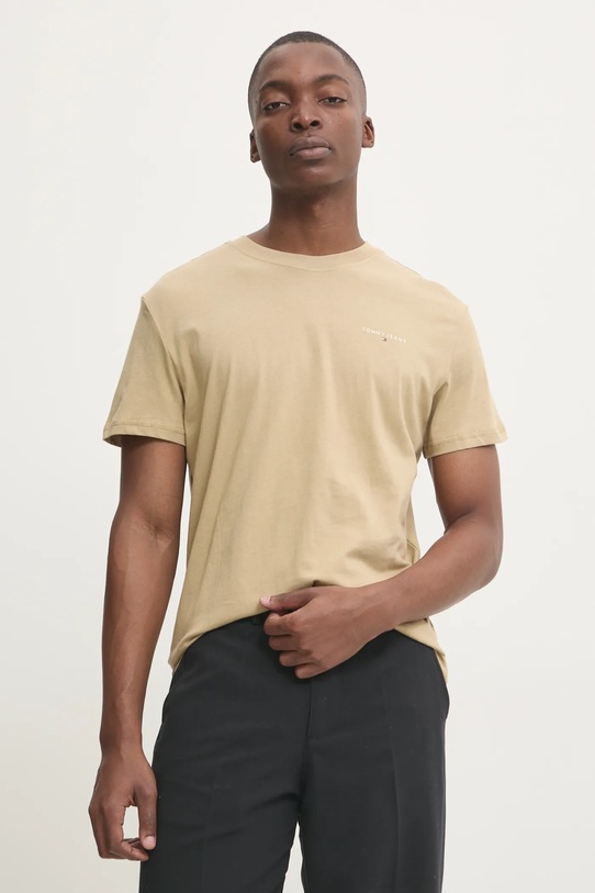 Bavlněné tričko Tommy Jeans hladký béžová DM0DM21188