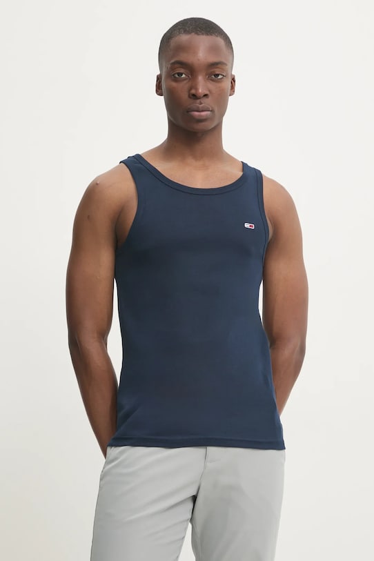 Bavlněný top Tommy Jeans slim námořnická modř DM0DM20336