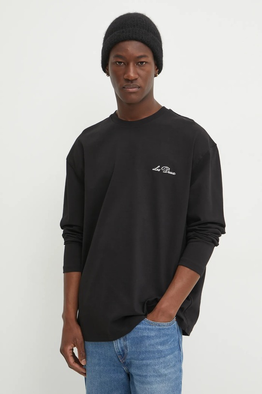 Bavlnené tričko s dlhým rukávom Les Deux jednofarebný čierna LDM110038