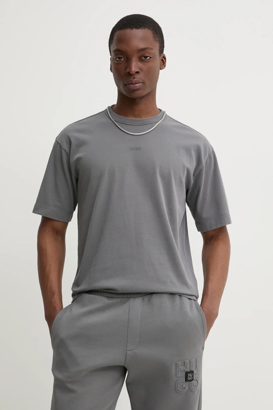 Bavlněné tričko HUGO kulatý šedá 50531739
