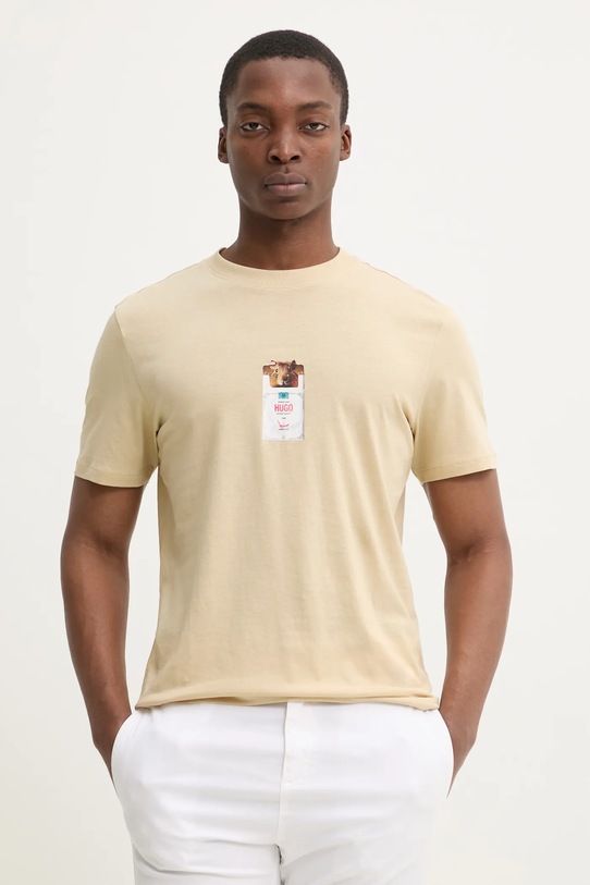HUGO t-shirt bawełniany nadruk beżowy 50530683