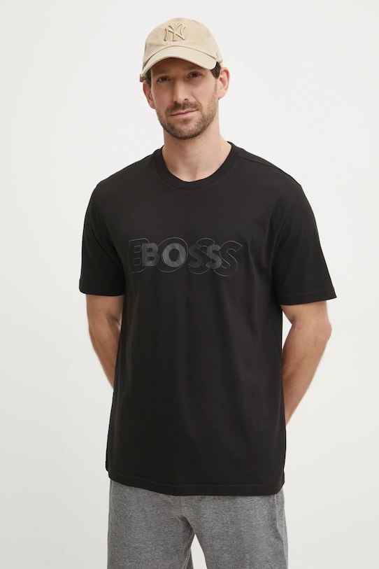 Bavlněné tričko Boss Green nášivka černá 50531271