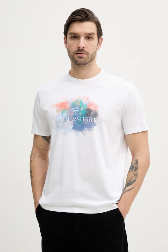 Bavlnené tričko Paul&Shark potlač biela 25411095