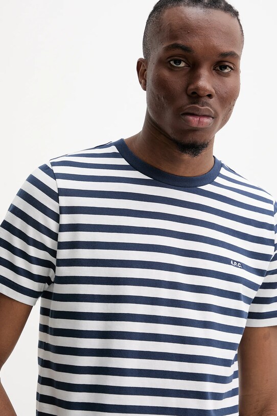 Bombažna kratka majica A.P.C. t-shirt standard apc brode raye mornarsko modra COHBZ.M26419