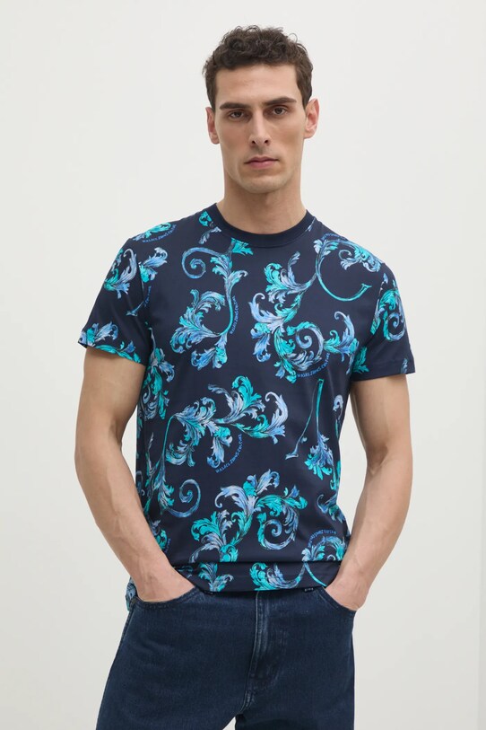 Versace Jeans Couture tricou din bumbac cu modele bleumarin 78GAH6S0.JS458