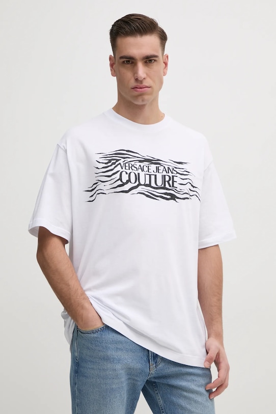 Versace Jeans Couture tricou din bumbac imprimeu alb 78GAH6L1.J0001