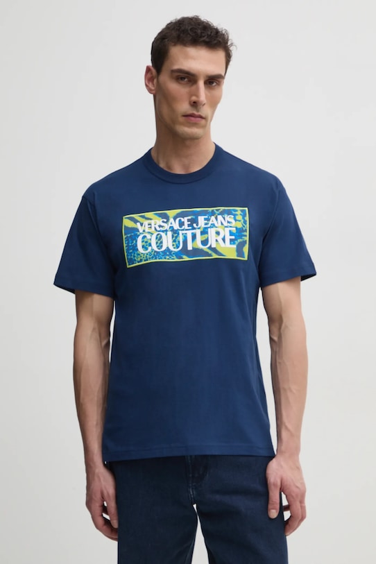 Bombažna kratka majica Versace Jeans Couture Potisk mornarsko modra 78GAHE04.CJ00E