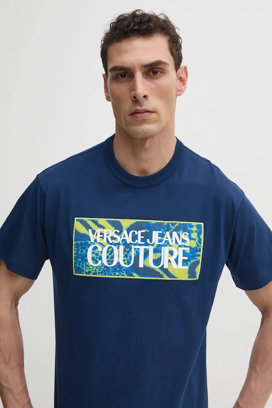 Bombažna kratka majica Versace Jeans Couture mornarsko modra 78GAHE04.CJ00E