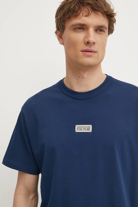 Bavlněné tričko Versace Jeans Couture námořnická modř 78GAHT08.CJ00T