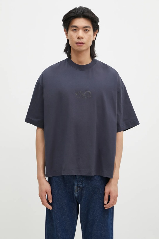 Хлопковая футболка VETEMENTS Oval Logo Cropped Boxy печать тёмно-синий UA66TR600N