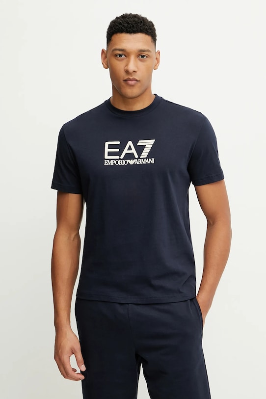 Bombažna kratka majica EA7 Emporio Armani Potisk mornarsko modra AF10375.7M000224