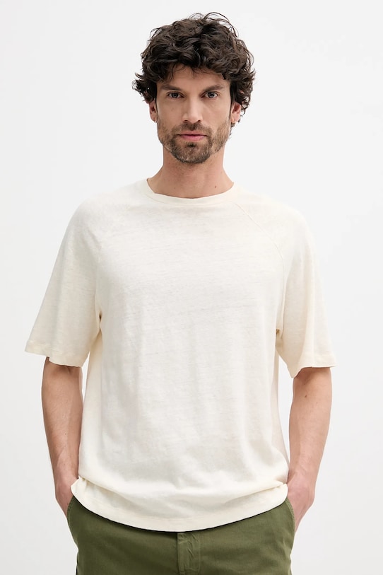 United Colors of Benetton t-shirt lniany okrągły beżowy 3UTFU10A5