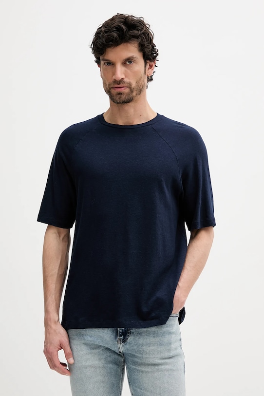 United Colors of Benetton t-shirt lniany okrągły granatowy 3UTFU10A5