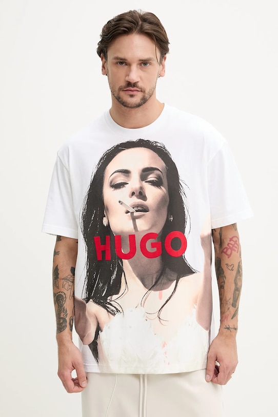 Bombažna kratka majica HUGO Okrogel bela 50535314