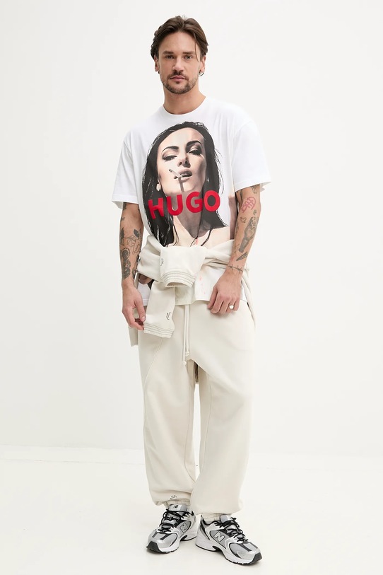 Bavlněné tričko HUGO Duwedie 50535314 bílá SS25