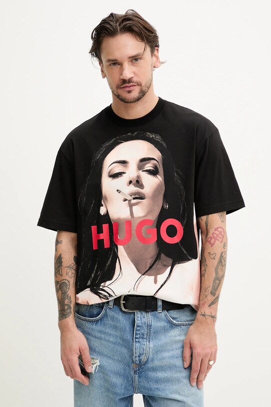 Bavlněné tričko HUGO kulatý černá 50535314