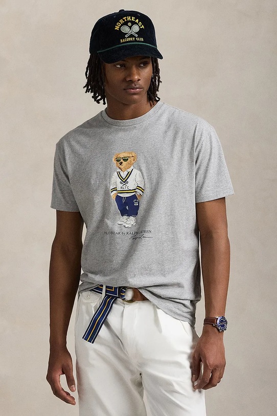 Bombažna kratka majica Polo Ralph Lauren Potisk siva 710973137