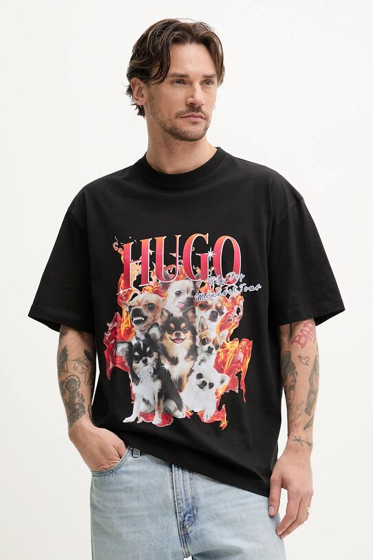 Bavlněné tričko HUGO kulatý černá 50538259