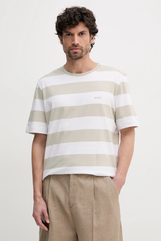 Βαμβακερό μπλουζάκι BOSS Orange εμπριμέ μπεζ 50499334