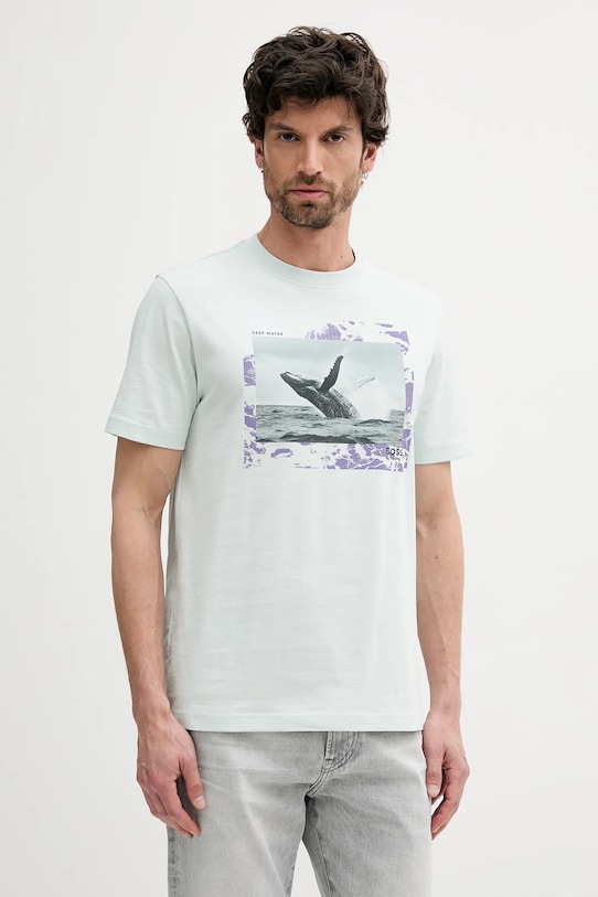 Bavlněné tričko BOSS Orange potisk tyrkysová 50539187