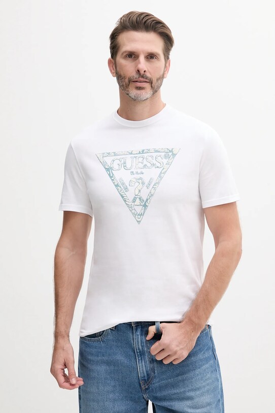 Памучна тениска Guess вталена бял M5GI06.I3Z14