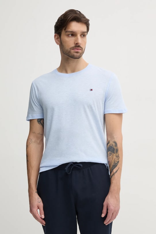Tričko s příměsí lnu Tommy Hilfiger hladký modrá UM0UM03527