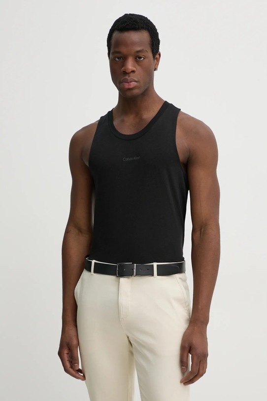 Tričko s prímesou ľanu Calvin Klein jednofarebný čierna KM0KM01139