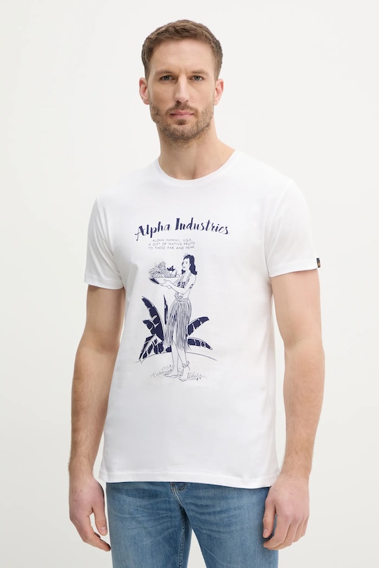 Alpha Industries tricou din bumbac Alpha Hawaii T print alb 156525