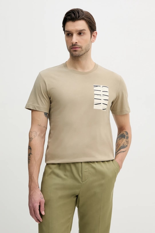 Bombažna kratka majica Calvin Klein Jeans Potisk bež J30J327474