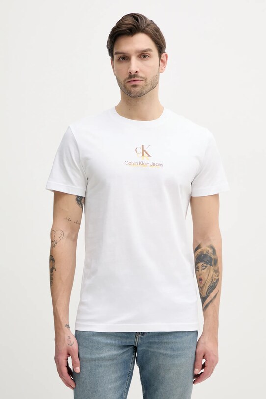 Βαμβακερό μπλουζάκι Calvin Klein Jeans βαμβάκι λευκό J30J327469