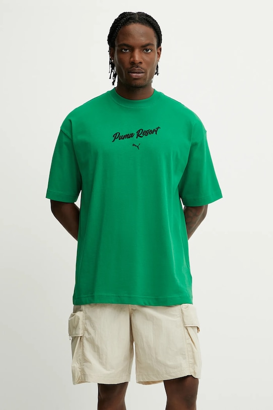 Bavlněné tričko Puma kulatý zelená 629666