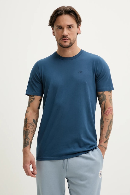 Hollister Co. tricou din bumbac uni bleumarin KI324.5149.200