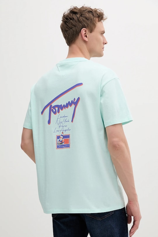 Tommy Jeans tricou din bumbac print turcoaz DM0DM20768