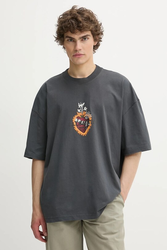 Памучна тениска AllSaints HEARTFELT свободна сив M014PC
