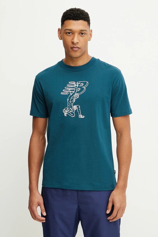 Bavlnené tričko New Balance potlač tyrkysová MT51978DOE