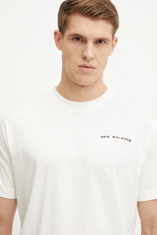 New Balance t-shirt bawełniany beżowy MT51507SST