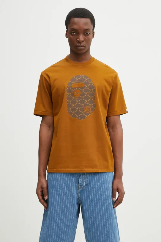 Βαμβακερό μπλουζάκι A Bathing Ape College Monogram Ape Head χαλαρό καφέ 1L30110334