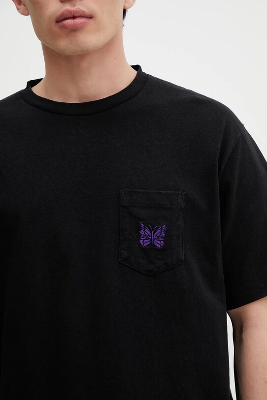 Needles t-shirt bawełniany S/S Papillon Emb. Pocket czarny QV357